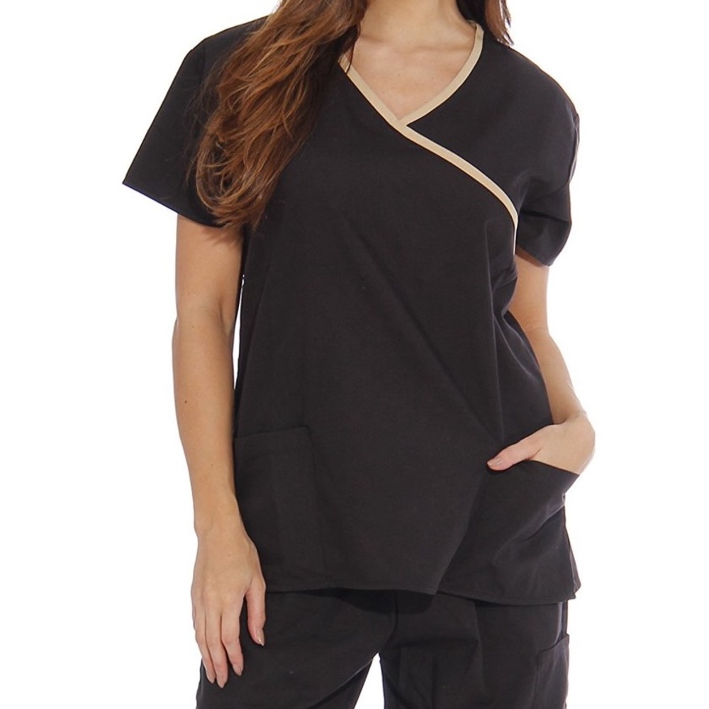Just Live black scrub top with tan trim.